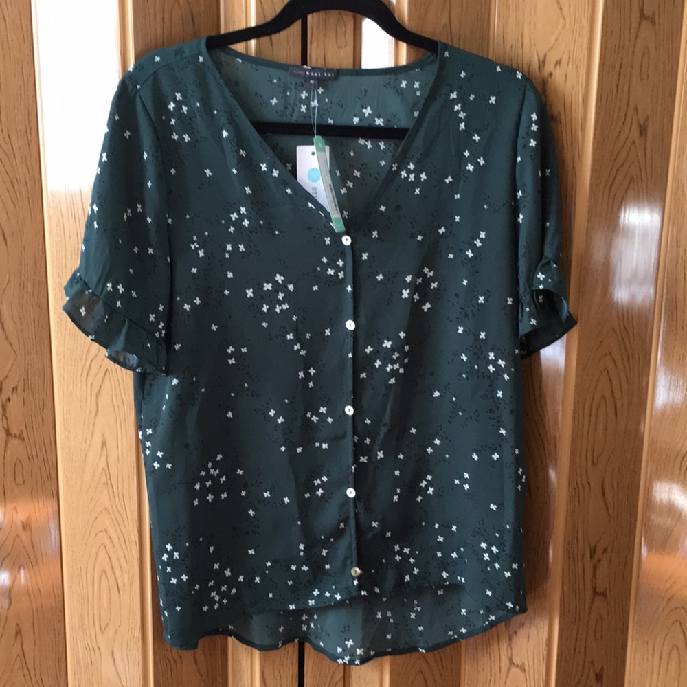 WEST KEI Clabon Ruffle Sleeve Green Blouse Size M